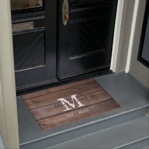 Rustic Wooden Pattern Monogram Script Name Custom Doormat