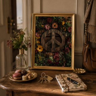 Rustic wooden peace sign with wildflowers