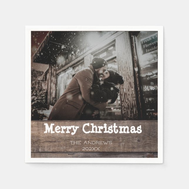 Rustic Wooden Photo Christmas Holiday Party  Napkin (Front)