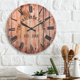 Rustic Wooden Planks Custom Family Name Farmhouse Large Clock