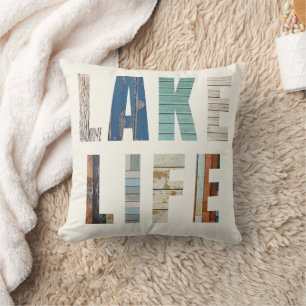 Rustic Wooden Planks "LAKE LIFE" Throw Pillow