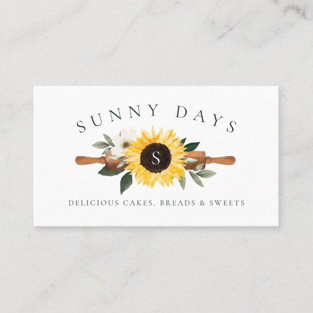Rustic Wooden Rolling Pin Yellow Sunflower Bakery Business Card (Front)