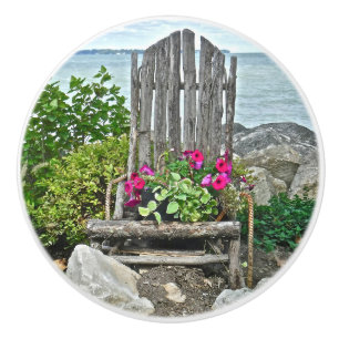 RUSTIC WOODEN SLAT CHAIR WITH PETUNIAS CERAMIC KNOB