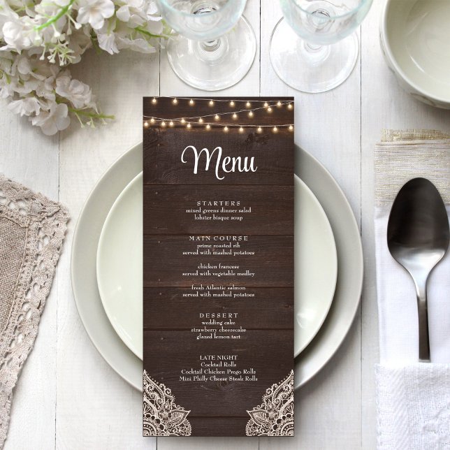 Rustic Wooden String Light Menu Card (Rustic Wooden String Light Menu Card on a boho white wedding table.)