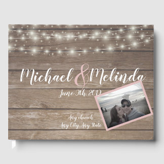 Rustic wooden string Lights and photo Wedding Guest Book