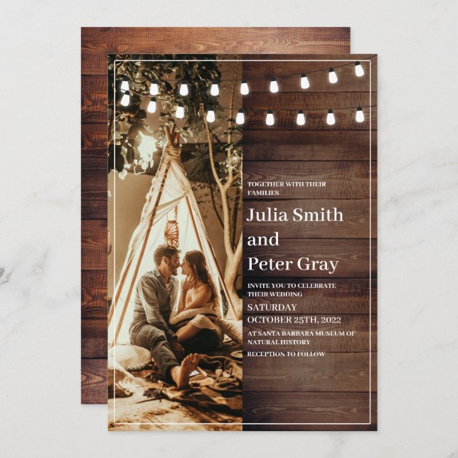 Rustic Wooden String Lights Photo Wedding Invitation (Front/Back)