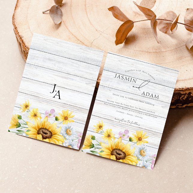 Rustic Wooden Sunflowers Monogram Floral Wedding Invitation (Rustic Wooden Sunflowers Monogram Floral Wedding Invitation)