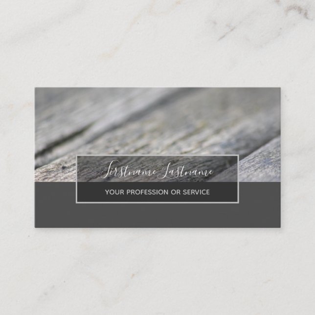 Rustic wooden surface grey rectangle stripes business card (Front)