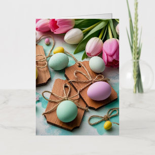 Rustic wooden tags with painted Easter eggs Foil Greeting Card