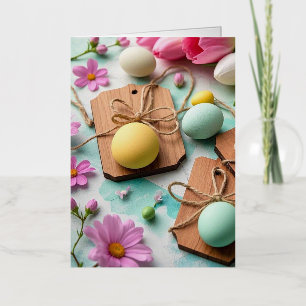Rustic wooden tags with painted Easter eggs  Foil Greeting Card