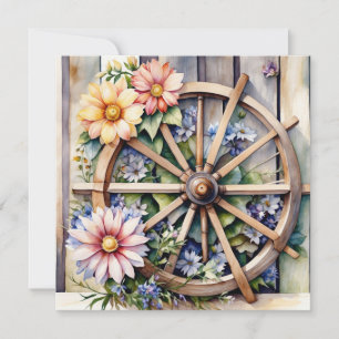 Rustic Wooden Wheel with Flowers Card