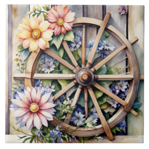 Rustic Wooden Wheel with Flowers  Ceramic Tile