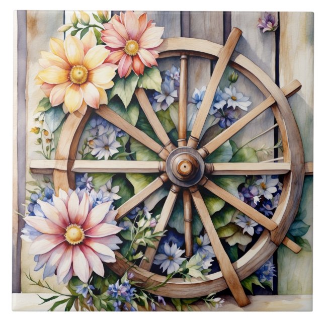 Rustic Wooden Wheel with Flowers  Ceramic Tile (Front)