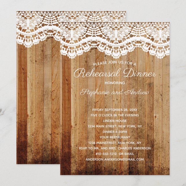 Rustic Wooden White Lace Country Rehearsal Dinner Invitation (Front/Back)