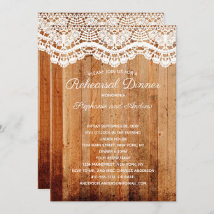 Rustic Wooden White Lace Country Rehearsal Dinner Invitation