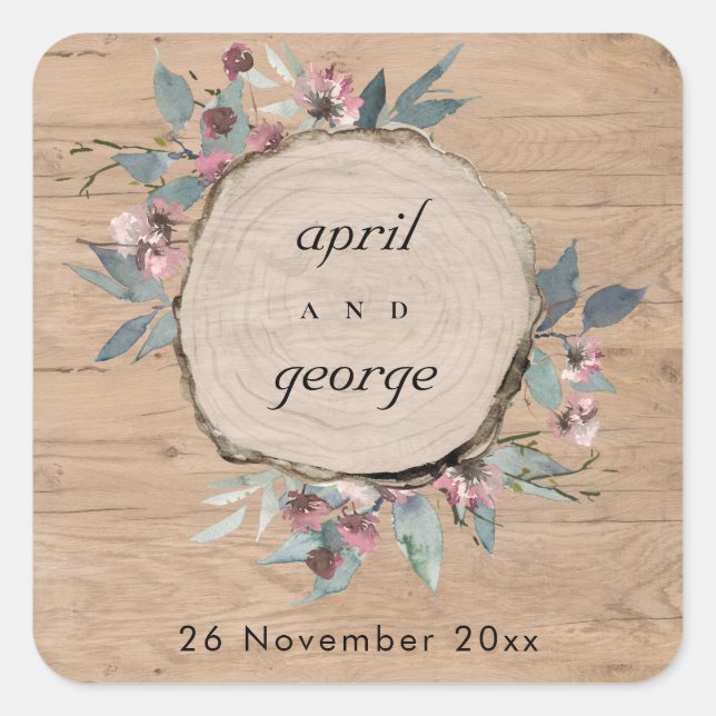 Rustic Wooden Wild Pink Eucalyptus Floral Wedding Square Sticker (Front)