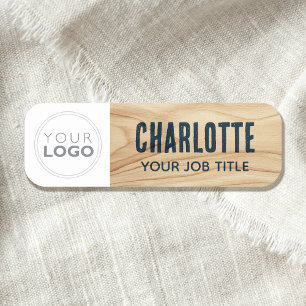 Rustic Woodgrain Employee Logo Blue Branded Name Tag