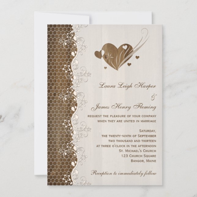 Rustic Woodgrain Floral Lace Hearts Wedding Invite (Front)