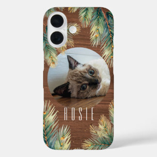 Rustic Woodgrain Green Pine Branch Pet iPhone 16 Case