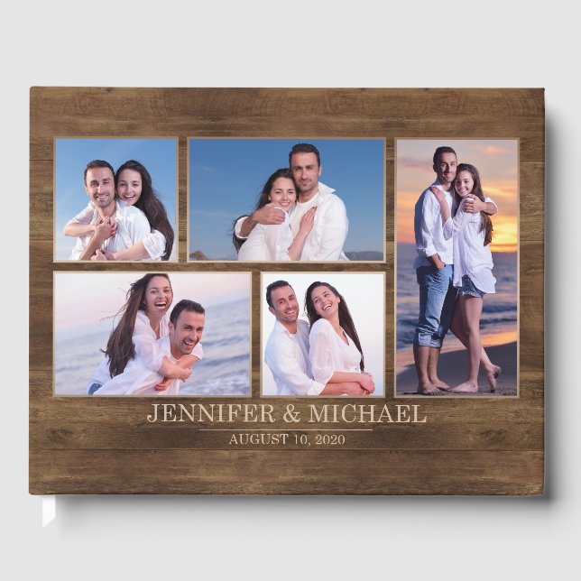 Rustic Woodgrain Instagram Photo Collage Wedding Guest Book (Front)
