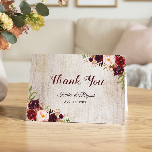 Rustic Woodgrain Look Burgundy Floral Thank You (Creator Uploaded)