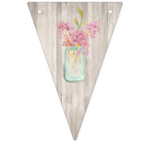 Rustic Woodgrain Mason Jar Pink Floral Wedding Bunting