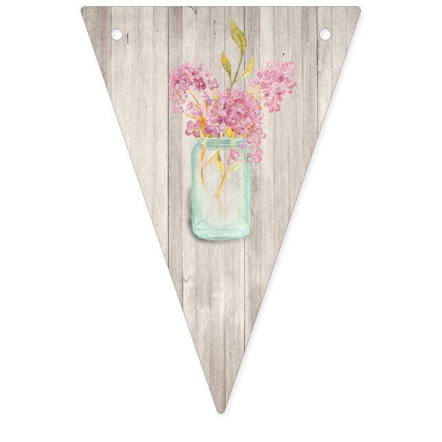 Rustic Woodgrain Mason Jar Pink Floral Wedding Bunting (First Flag)