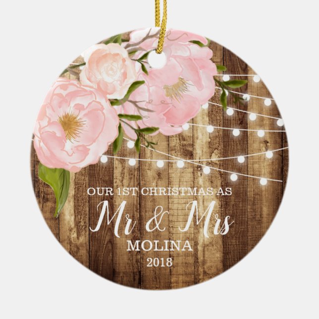 Rustic Woodgrain & Pink Floral Mr Mrs Newlywed Ceramic Ornament (Front)