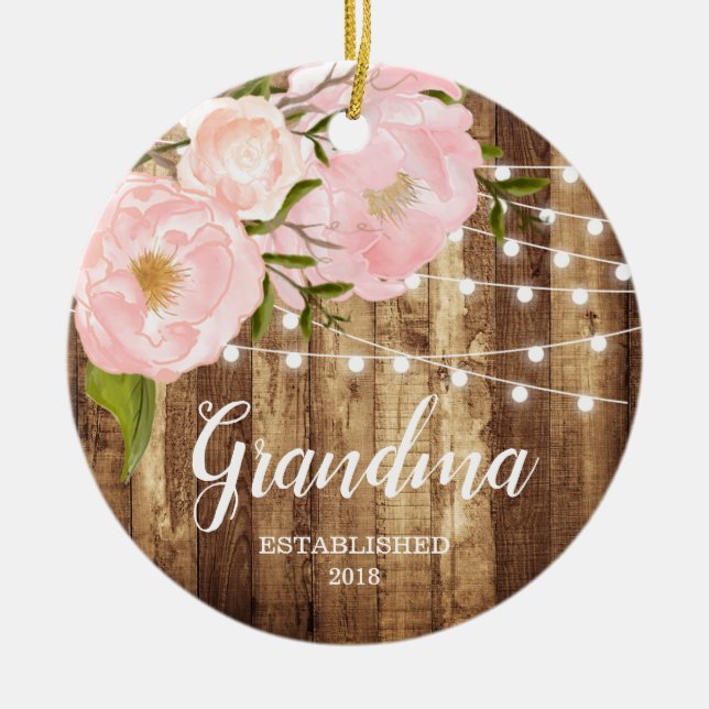 Rustic Woodgrain & Pink Floral New Grandma Nonna Ceramic Ornament (Front)