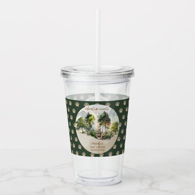 Rustic Woodland Adventure Awaits Boy Baby Shower Acrylic Tumbler (Front)