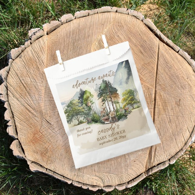 Rustic Woodland Adventure Awaits Boy Baby Shower Favour Bag ("adventure awaits" with this rustic woodland bear and forest animals boy baby shower design.)