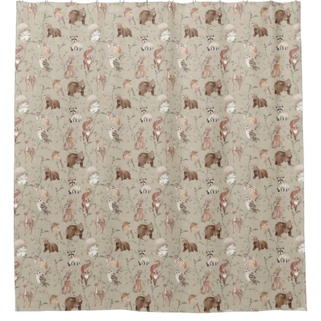 Rustic Woodland Animal Bear Owl Squirrel Rabbit Shower Curtain (Front)