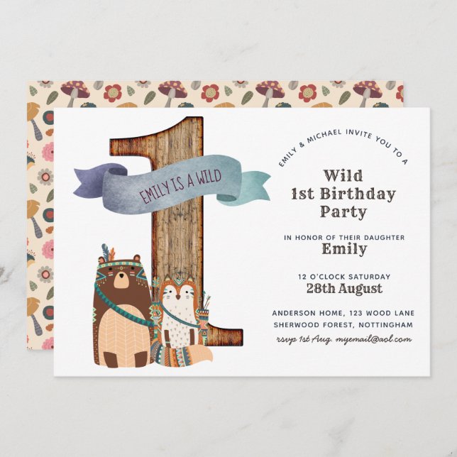 Rustic Woodland Animals 1st Birthday Party Tribal Invitation (Front/Back)