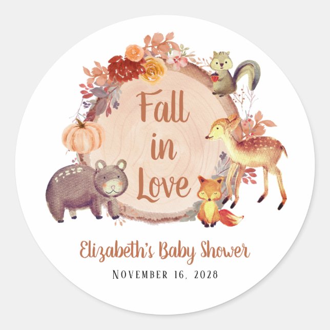 Rustic Woodland Animals Autumn Baby Shower Classic Round Sticker (Front)