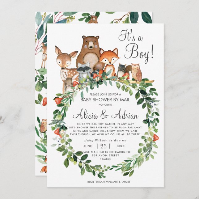 Rustic Woodland Animals Baby Shower by Mail Boy Invitation (Front/Back)