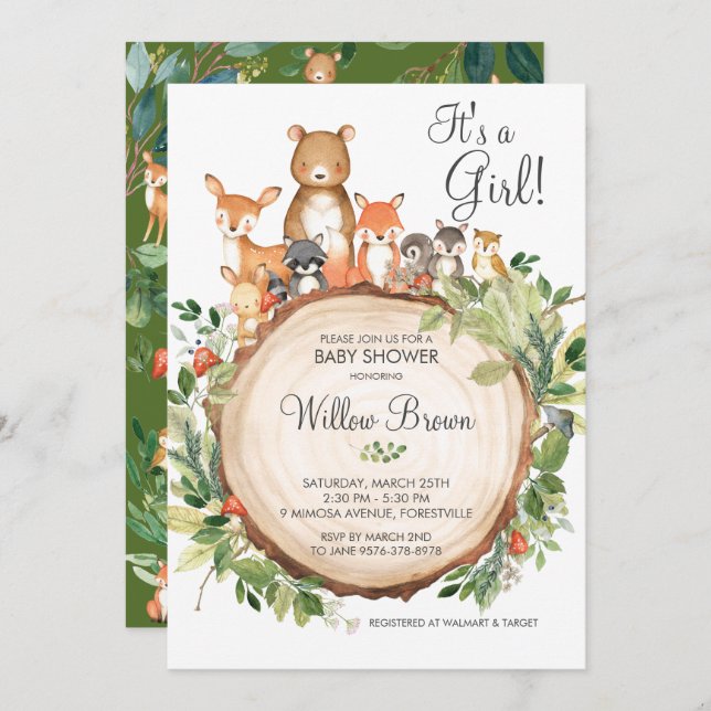 Rustic Woodland Animals Baby Shower Girl Invitation (Front/Back)