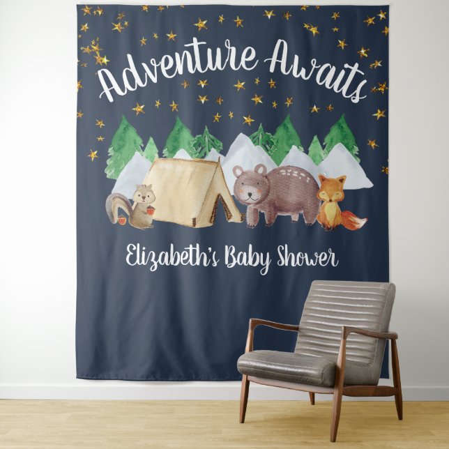 Rustic Woodland Animals Baby Shower Tapestry (In Situ)
