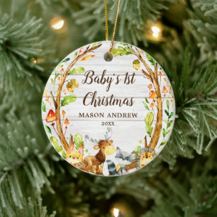 Rustic Woodland Animals Baby's First Christmas Ceramic Ornament