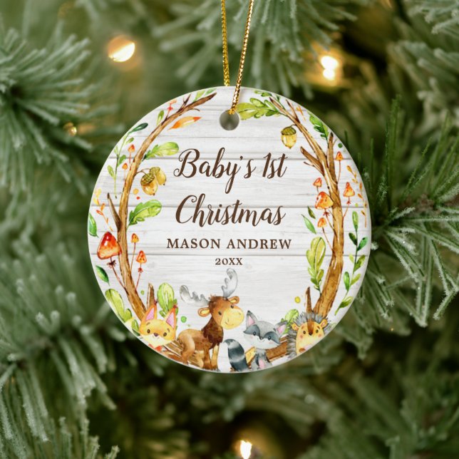 Rustic Woodland Animals Baby's First Christmas Ceramic Ornament (Tree)