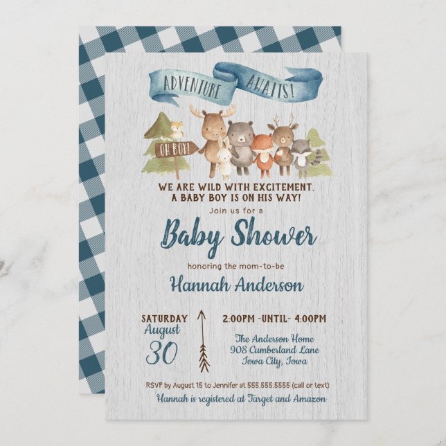 Rustic Woodland Animals Boy Baby Shower Invitation (Front/Back)