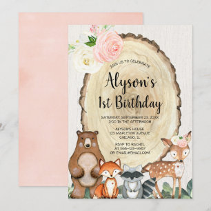 Rustic woodland animals girls 1st birthday party invitation