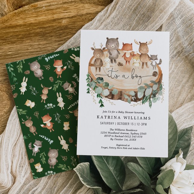 Rustic Woodland Animals Greenery Boy Baby Shower Invitation (Creator Uploaded)
