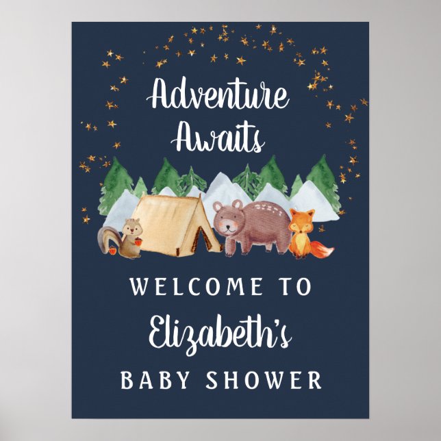 Rustic Woodland Animals Night Baby Shower Welcome Poster (Front)