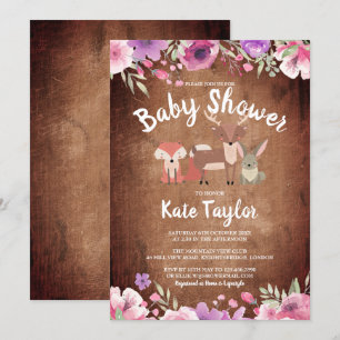 Rustic Woodland Animals Pink Floral Baby Shower Invitation