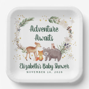 Rustic Woodland Animals Winter Baby Shower Paper Plate