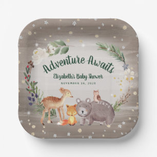 Rustic Woodland Animals Winter Baby Shower Paper Plate