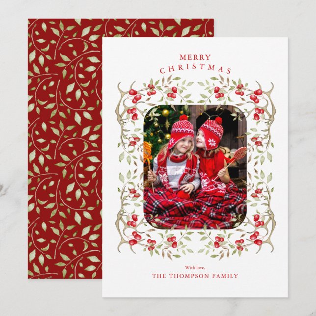 Rustic Woodland | Antler and Berry Wreath Photo Holiday Card (Front/Back)