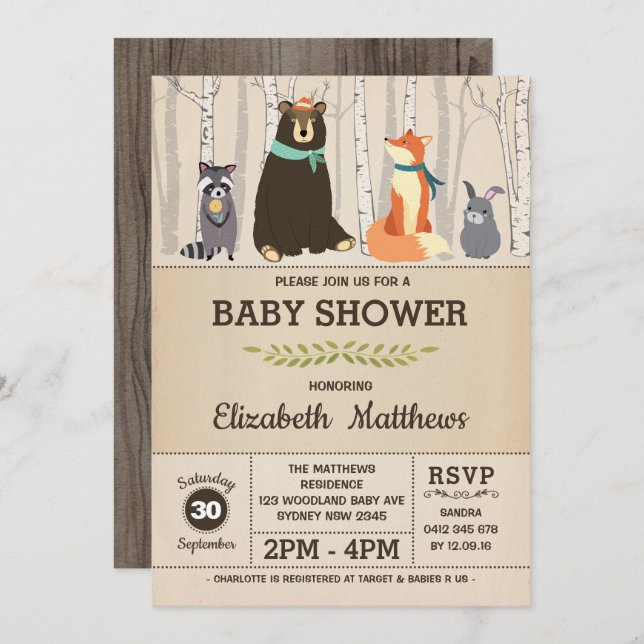Rustic Woodland Baby Shower Forest Animals Invitation (Front/Back)