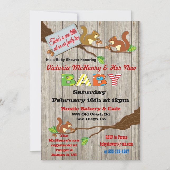 Rustic Woodland Baby Squirrel Baby Shower Invites (Front)