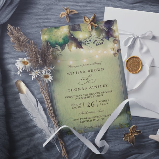 Rustic Woodland Barn String Lights QR Code Wedding Invitation (Creator Uploaded)